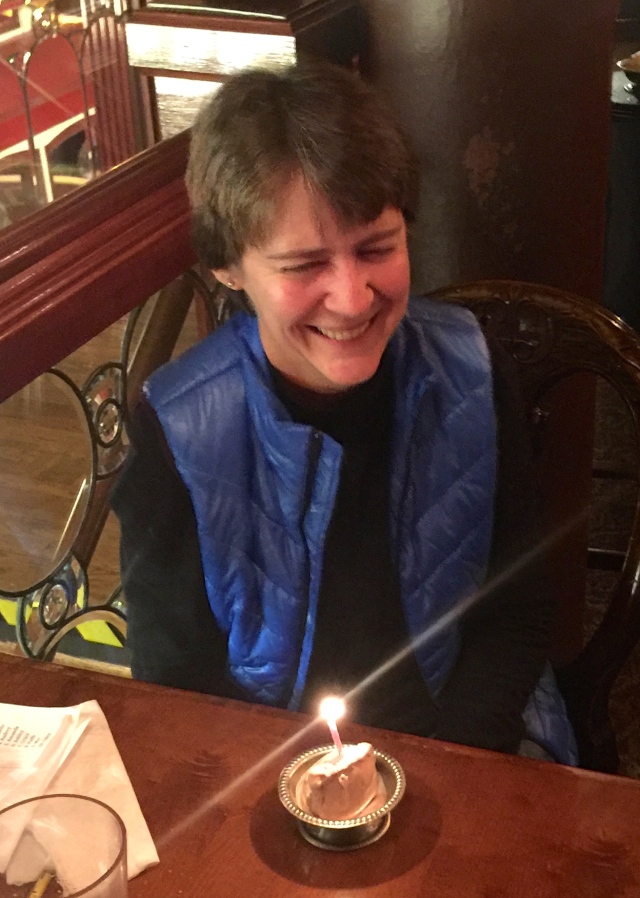Linda Seitter enjoys her birthday dessert.